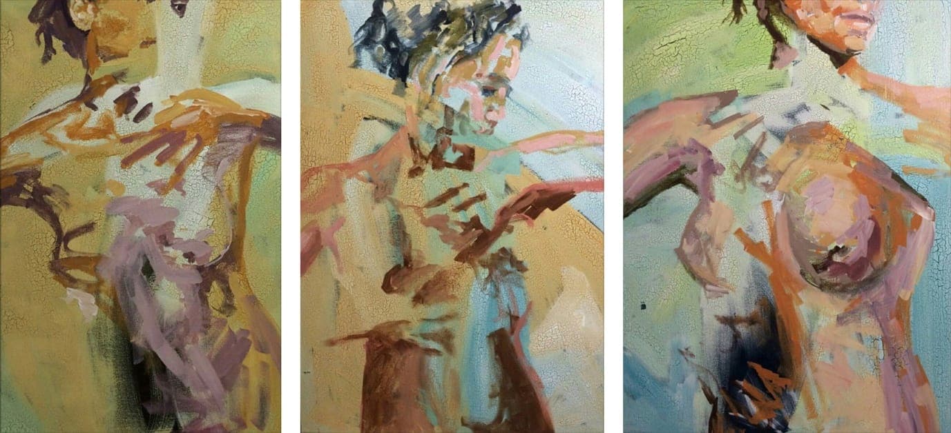 Three cropped details of figurative paintings by Afshin Naghouni, rendered in loose brushwork of ochre, pink and teal