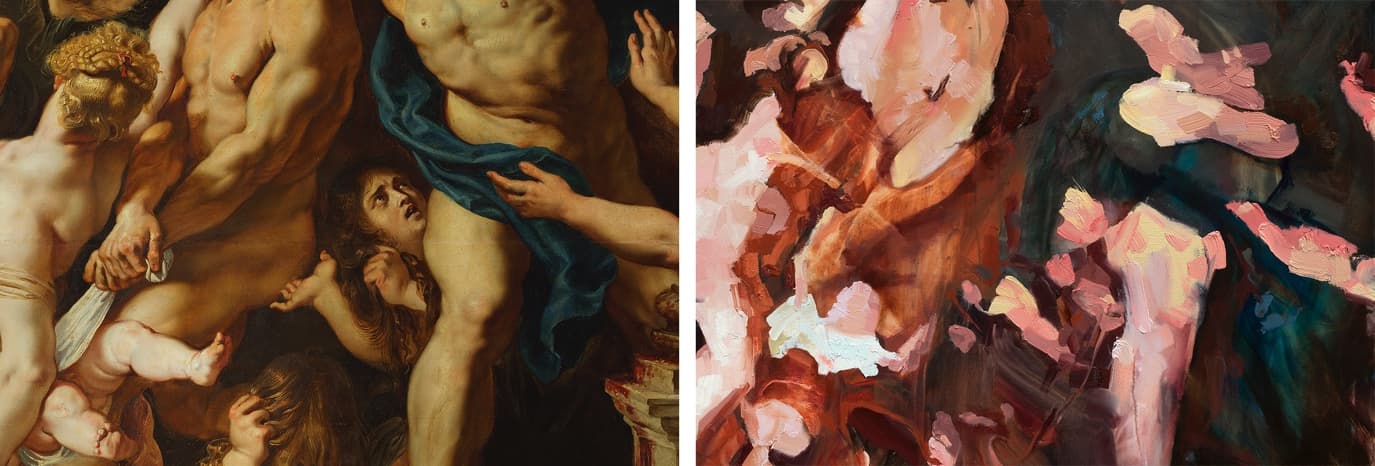 A detail from an Old Master painting beside Afshin Naghouni's abstract reconstruction of the same passage, in matching flesh tones