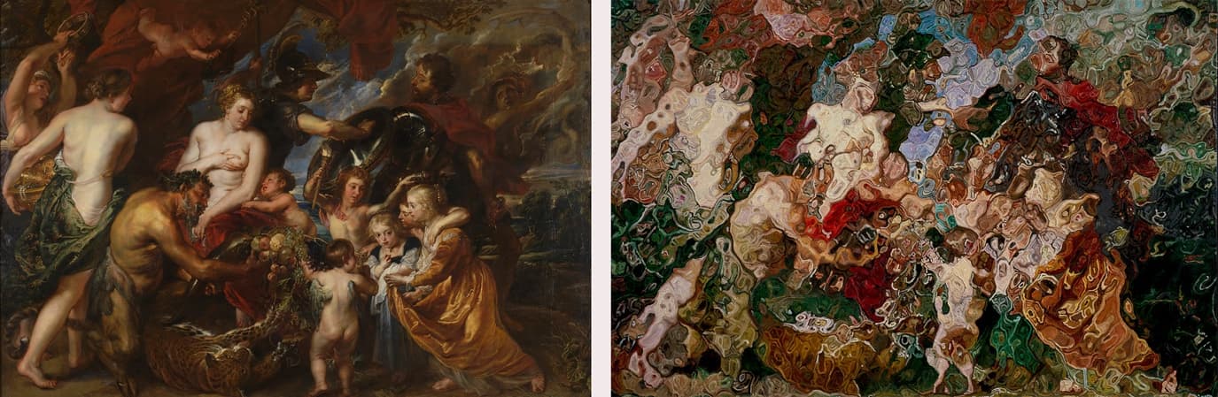 A full Old Master composition beside Afshin Naghouni's fractured, abstract reworking of it in matching palette