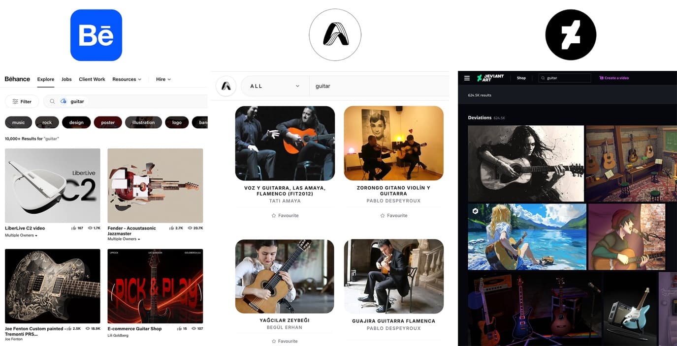 Searching "guitar" on Behance, Artistivo and DeviantArt side by side: the Artistivo results show guitarists and their performances, the others show guitar imagery and products