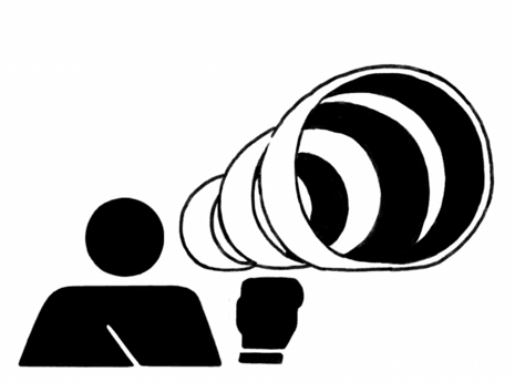 Illustration of someone looking closely at an artist's work