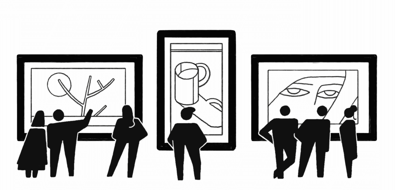 Illustration of gallery visitors looking at framed artworks