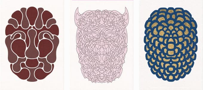 Three god icons from the Delehag Calendar — a lobed maroon mask, a pale pink face drawn as one continuous looping line, and a horned blue form studded with gold leaf