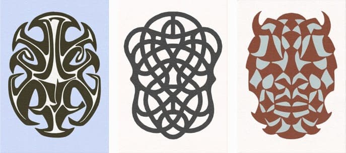 Three more god icons — an olive mask on pale blue, a dense grey knotwork face, and a horned figure built from maroon and pale grey shards