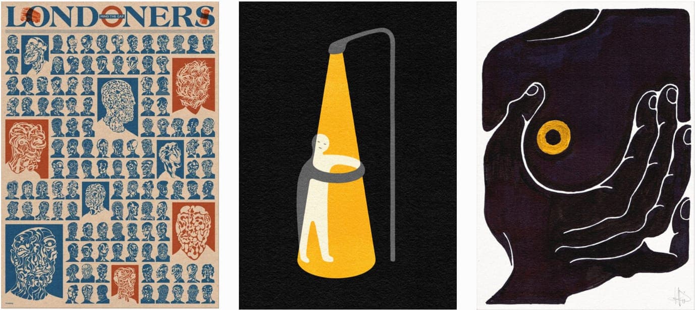 Three of Henrik Delehag's illustrations side by side — a Londoners poster packed with hundreds of tiny drawn heads, a figure embracing the yellow beam of a streetlamp, and dark cupped hands cradling a single gold ring